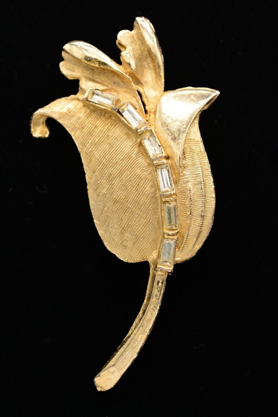 Vintage Flower Pin Brooch Baguette Crystal Rhinestone Brushed Gold 1980s BinAC